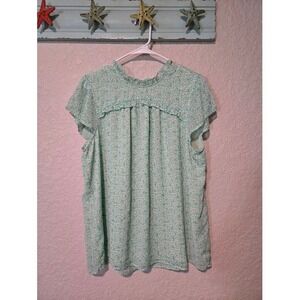 Joie Floral Ruffle Neck Blouse Mint Green Metallic Gold Flutter Sleeve XL